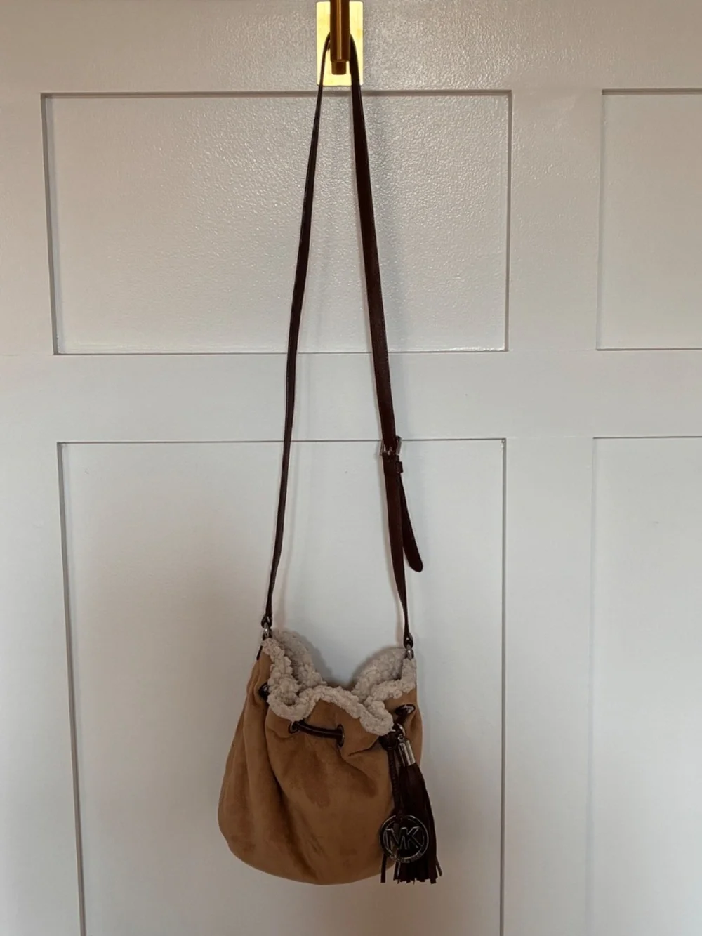Michael Kors suede shearling mini bucket crossbody